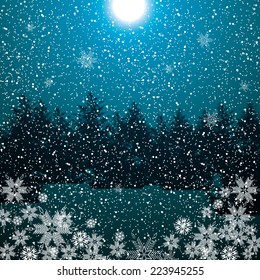 Dark night winter forest blue color background with falling flakes
