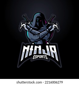 Dark ninja mascot logo for team esport gaming badge emblem and t-shirt design