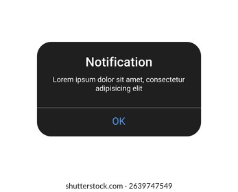 Dark notification pop up UI design with OK button for mobile app and web alert interface in a minimal modern style