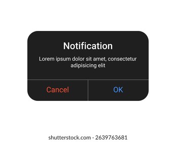 Dark notification pop up UI design with cancel and OK buttons on a transparent background for mobile app and web alert interface in a minimal modern style