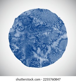 Dark ocean blue vector watercolor round text background, frame. Uneven circle shape, salt water stains, splashes. Painted watercolour sea, marine, navy template. Hand drawn abstract aquarelle texture.