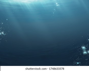 Dark ocean scene with moonlight beaming through water surface and bubbles floating upwards, 3d illustration