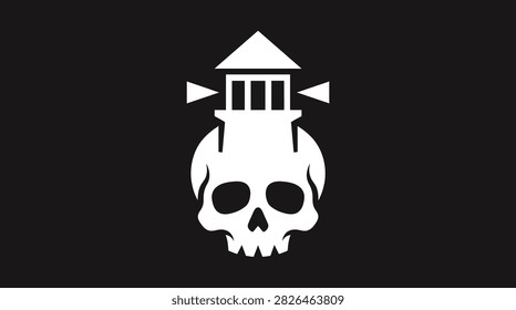 Dark ocean theme merging a human cranium with beacon.