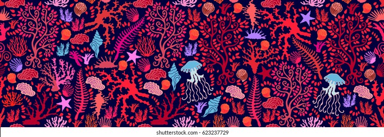Dark ocean. Wide panorama with tropical corals, shells and starfishes. Colorful seamless vector pattern. Marine textile design collection.