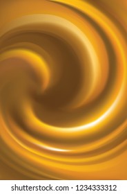 Dark ocher soft blend backdrop with space for text. Curvy shiny gel jelly fluid closeup surface bright amber color. Circle eddy mix of tasty juicy soda syrup. Ripple spin yummy fat meal pattern