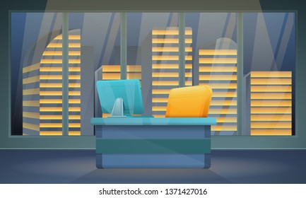 dark office room with a chair and a computer on the background of the city, vector illustration