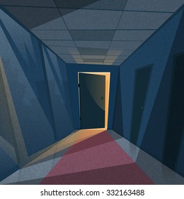 Dark Office Room Light From Doors Corridor Hallway Flat Vector Illustration