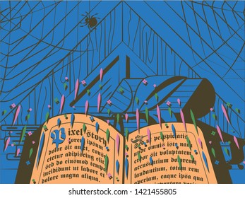 A dark old attic with webs and spider on the roof, an open chest, a stack of books and a casket on the floor and a highlighted magic book with an ancient script opened in the foreground as a treasure.