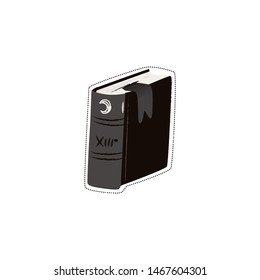 Dark old magic spell book the cartoon drawing vector illustration isolated on white background. Horrible black witch's book Halloween sticker or print design.