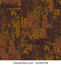 Dark old rusty metal plate with rivets seamless texture background in grunge style