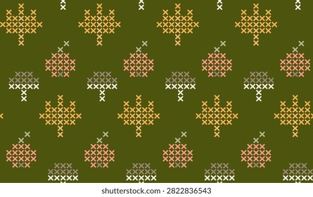 Dark olive green cross stitch embroidery seamless pattern, geometric autumn leaves, mushrooms and apples with adjustable thread thickness, elegant heirloom needlecraft texture