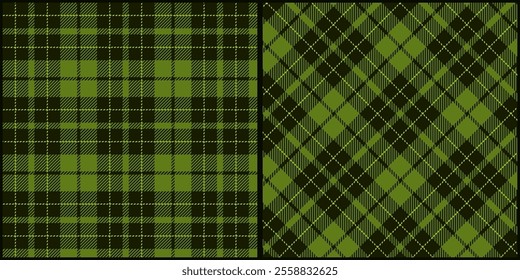 Dark olive tone plaid seamless pattern vector. Background graphic tartan fashion design use for print, texture, cloth, fabric, flannel.	