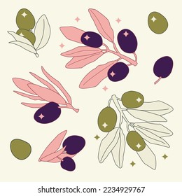 Aceitunas oscuras y aceitunas verdes. Ilustración plana de la línea de dibujos animados. Encantadoras ramas de olivo con bayas. Diseño para tela, papel pintado, textil, embalaje, impresión y diseño web