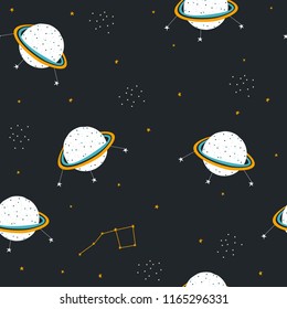 Dark open space with stars and planets seamless pattern. Fashion kids print. Vector hand drawn illustration.