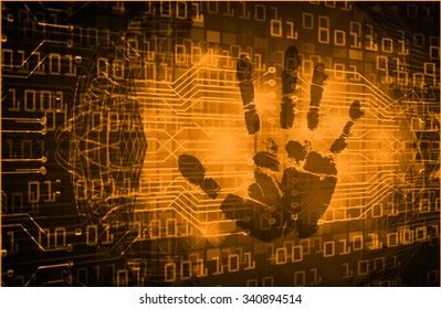 dark orange Abstract digital conceptual technology security background with lock. computer technology website internet web. infographics. fingerprint. Finger-print scanning. Hand print. vector