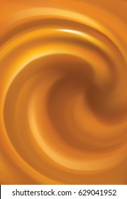 Dark orange backdrop with space for text. Curvy gel jelly fluid surface bright ocher color. Circle eddy mix of tasty juicy syrup. Ripple spin yummy fat meal pattern. Closeup view