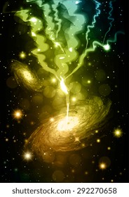 Dark orange blue yellow Night sky with stars and nebula. lightning flash strike background. bolt, thunderbolt. thunder