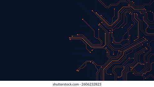 Dark Orange circuit diagram on dark blue background. digital circuit board technology background for internet connectivity concept.