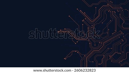 Dark Orange circuit diagram on dark blue background. digital circuit board technology background for internet connectivity concept.