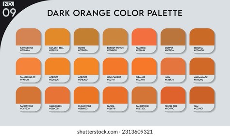 Dark Orange Color Guide Palette with color Names. Catalog Samples Dark Orange with RGB HEX codes and Names. Metal Colors Dark Orange Vector, Wood and Plastic Orange Color Palette, Fashion trend Colors