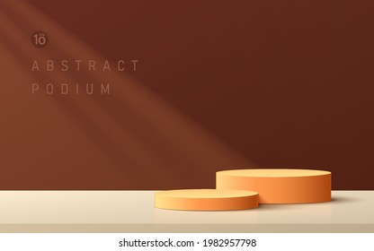 Dark orange cylinder platform podium. Window lighting. Brown and beige color abstract minimal wall scene. Geometric pedestal with shadow. Vector rendering 3d shape for Product display presentation.