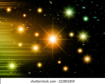 Dark orange green Defocused Light, Flickering Lights, Vector abstract festive background with bokeh defocused lights. universe, galaxies, stars. 