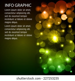 Dark orange green Defocused Light, Flickering Lights, Vector abstract festive background with bokeh defocused lights. text box. card. Brochure. 