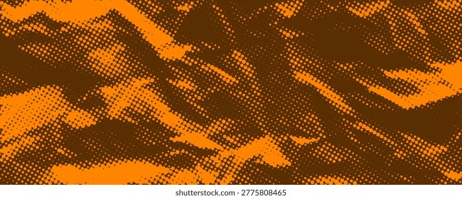 Dark orange halftone crumpled paper background. Dotted creased paper page wallpaper. Rough comic wrinkled texture. Cartoon pop art crumpled surface overlay. Aged grunge damaged page sheet. Vector