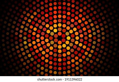 Dunkelorangefarbene halftone geometrische Kreise, Formen. Interessantes Mosaikbanner. Geometrischer Hintergrund mit farbigen Scheiben.