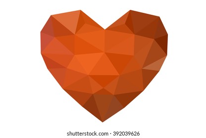 Dark orange heart isolated on white background. Geometric rumpled triangular low poly origami style gradient graphic illustration. Vector polygonal design for your business.