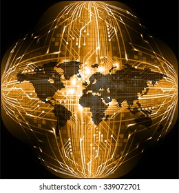 Dark orange Light Abstract Technology background for computer graphic website internet and business. circuit. vector illustration. infographics. motion move blur.neon. pixel. World Map, Global