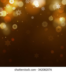 Anaranjado oscuro y amarillo claro de fondo para Navidad con copos de nieve. Fondo abstracto de vacaciones con bokeh. Puede ser usado para Año Nuevo, Navidad o fiesta nocturna