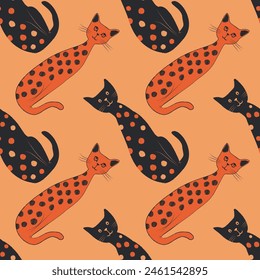 Dark orange dark navy, polka dots Kittens seamless pattern. Stylized drawing design Doodle style sketch, scribble, artistic drawing, funky drawing, vector background. Great for fabric, textile print