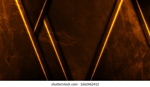 Dark Orange Neon Laser Lines. Abstract Grunge Tech Graphic Design. Old Luminous Wall Concrete Texture. Vector Glowing Background