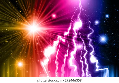 Dark orange pink blue Night sky with stars and nebula. lightning flash strike background. bolt, thunderbolt. thunder
