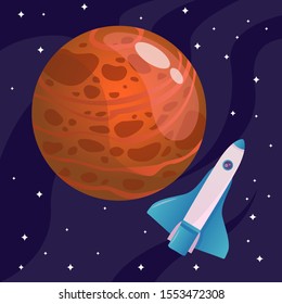 Dark orange planet with some craters on its surface with stars behind it