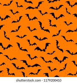 Dark orange seamless background with flying bats for Halloween, illustration.