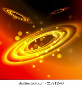 Dark orange sparkling background with stars in the sky and blurry lights, illustration. Abstract, Universe, Galaxies, ring. 