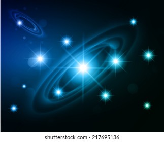 Dark orange sparkling background with stars in the sky and blurry lights, illustration. Abstract, Universe, Galaxies, ring. 