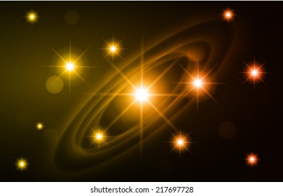 Dark orange sparkling background with stars in the sky and blurry lights, illustration. Abstract, Universe, Galaxies, ring. 