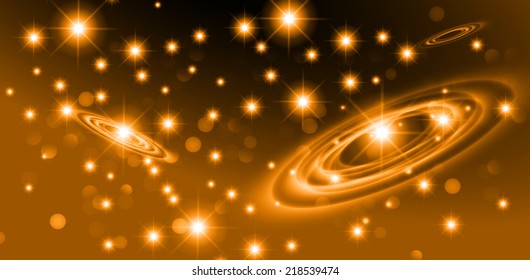 Dark orange sparkling background with stars in the sky and blurry lights, illustration. Abstract, Universe, Galaxies, ring. 