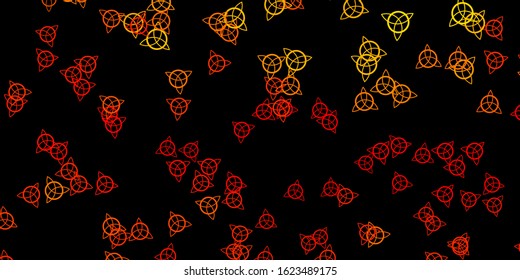 Dark Orange vector backdrop with mystery symbols. Colorful vintage illustration with gradient alchemy shapes. Best design halloween events.