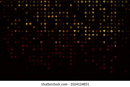 Dark Orange vector background with cards signs. Colorful gradient with signs of hearts, spades, clubs, diamonds. Pattern for leaflets of poker games, events.