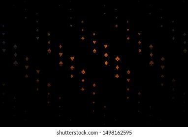 Dark Orange vector background with cards signs. Shining illustration with hearts, spades, clubs, diamonds. Design for ad, poster, banner of gambling websites.