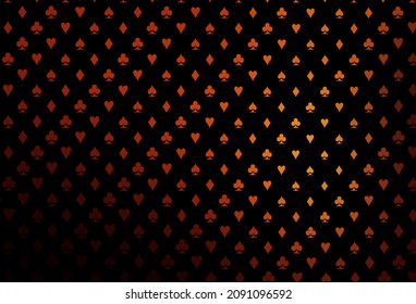 Dark orange vector background with cards signs. Illustration with set of hearts, spades, clubs, diamonds. Design for ad, poster, banner of gambling websites.