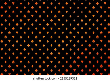 Dark orange vector background with cards signs. Blurred decorative design of hearts, spades, clubs, diamonds. Pattern for ads of parties, events in Vegas.