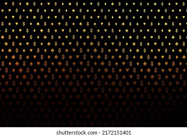 Dark orange vector background with cards signs. Shining illustration with hearts, spades, clubs, diamonds. Smart design for your business advert of casinos.