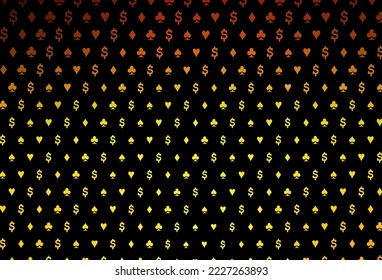 Dark orange vector background with cards signs. Colored illustration with hearts, spades, clubs, diamonds. Template for business cards of casinos.