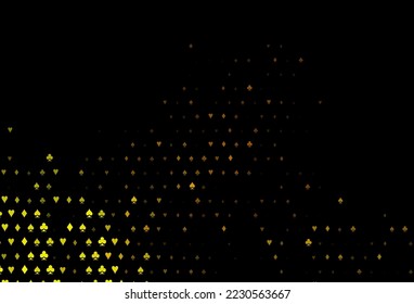 Dark orange vector background with cards signs. Shining illustration with hearts, spades, clubs, diamonds. Template for business cards of casinos.
