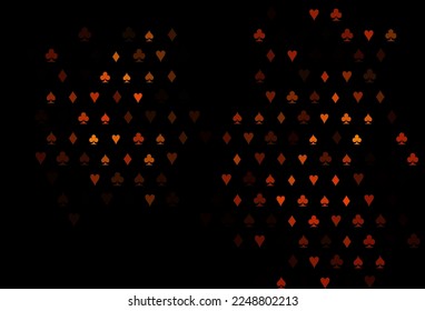 Dark Orange vector background with cards signs. Colored illustration with hearts, spades, clubs, diamonds. Pattern for leaflets of poker games, events.